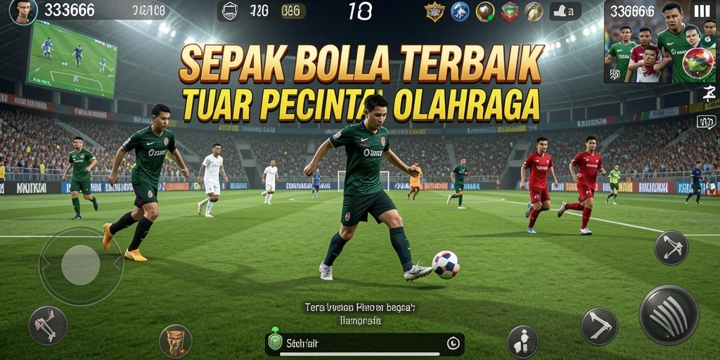 Screenshot menunjukkan gameplay sepak bola yang penuh aksi dan strategi.