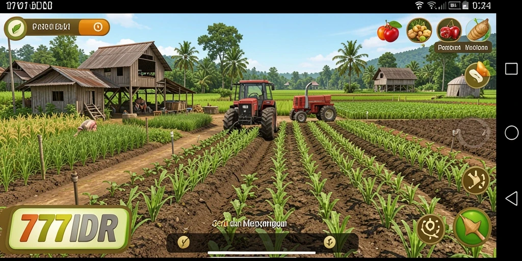 Tampilan gameplay 777IDR dengan ladang subur dan hewan ternak.