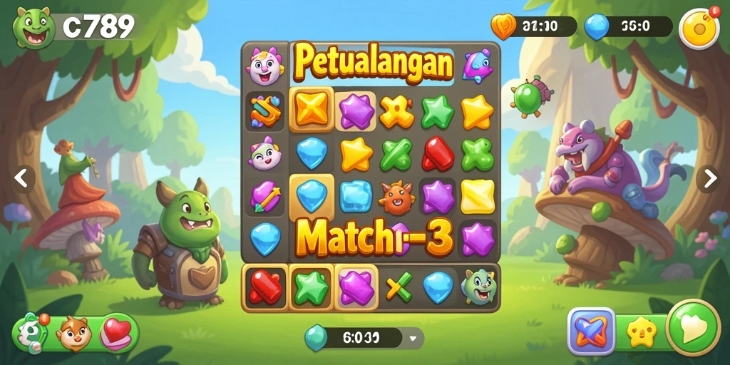 Tampilan gameplay seru dari C789 dengan mekanik Match-3 yang menarik.