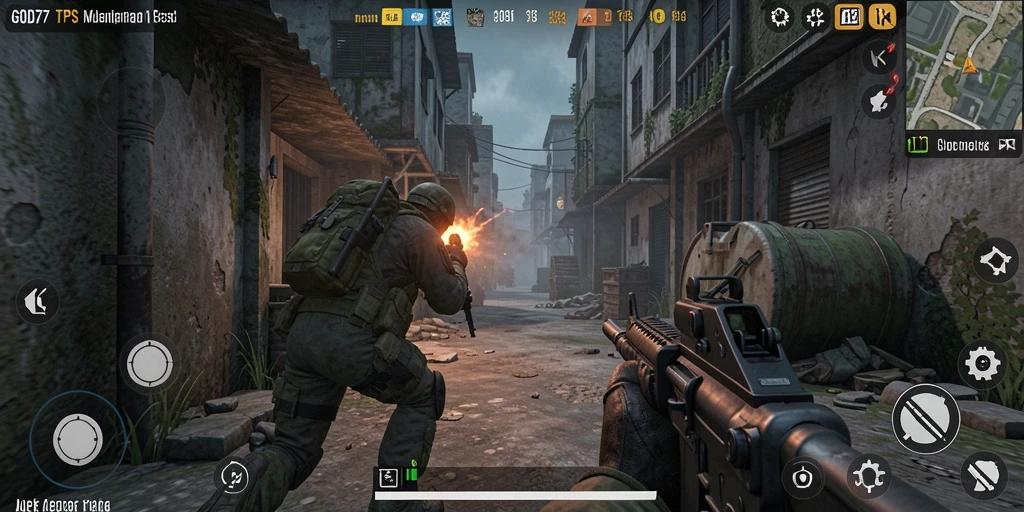 Screenshot menunjukkan aksi seru dalam gameplay TPS GOD77.
