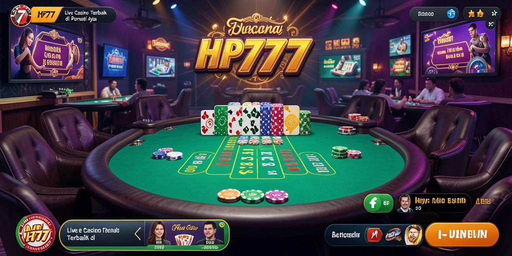 Screenshot gameplay HP777 menunjukkan dealer profesional dan suasana kasino yang hidup.