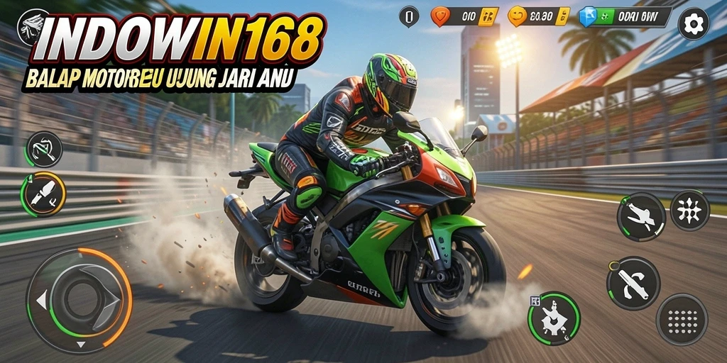 Screenshot gameplay INDOWIN168 menampilkan aksi balap motor yang mendebarkan.