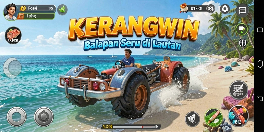 Tampilan gameplay KERANGWIN dengan balapan di lautan.