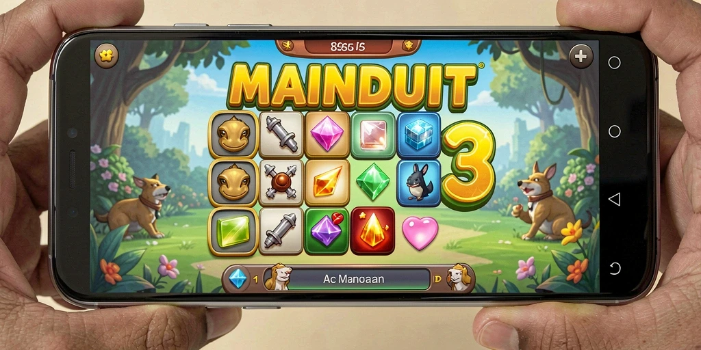 Tampilan gameplay MAINDUIT yang seru dengan elemen berwarna-warni.