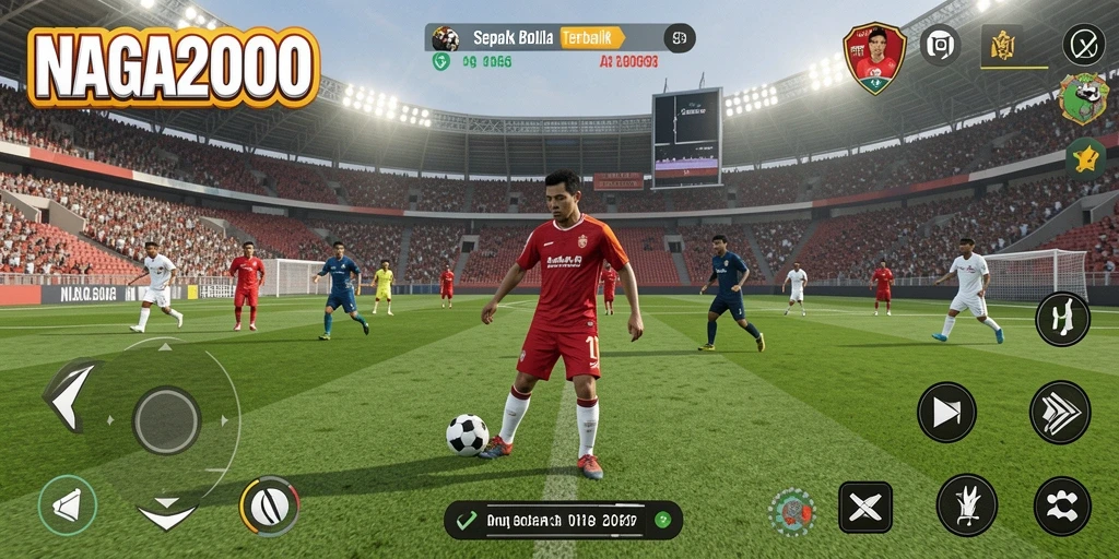 Tampilan gameplay seru di NAGA2000 dengan aksi sepak bola menegangkan.