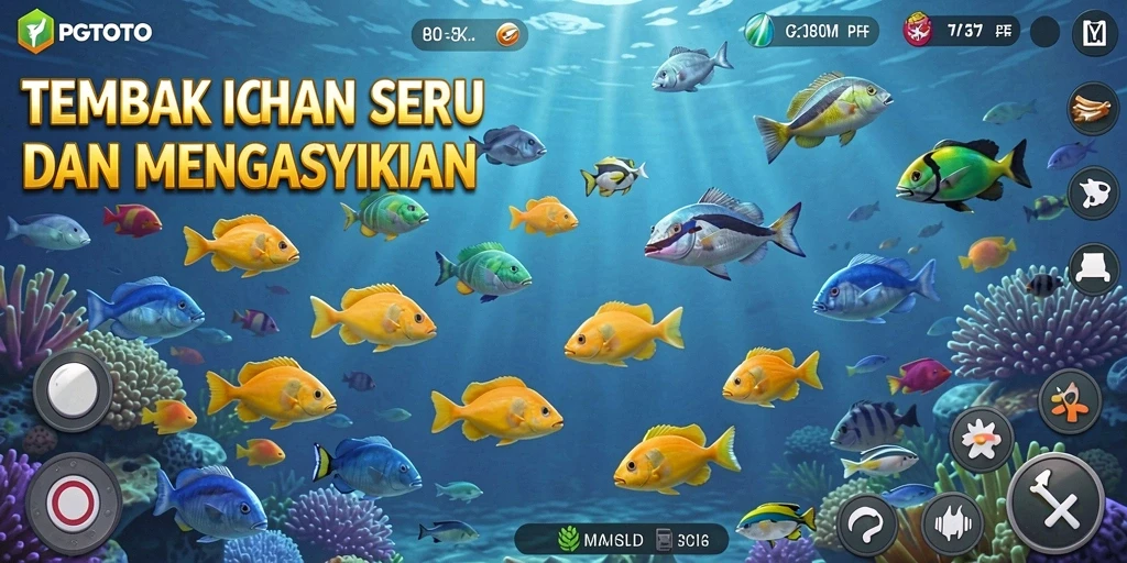 Tampilan gameplay seru PGTOTO saat menembak ikan di laut.