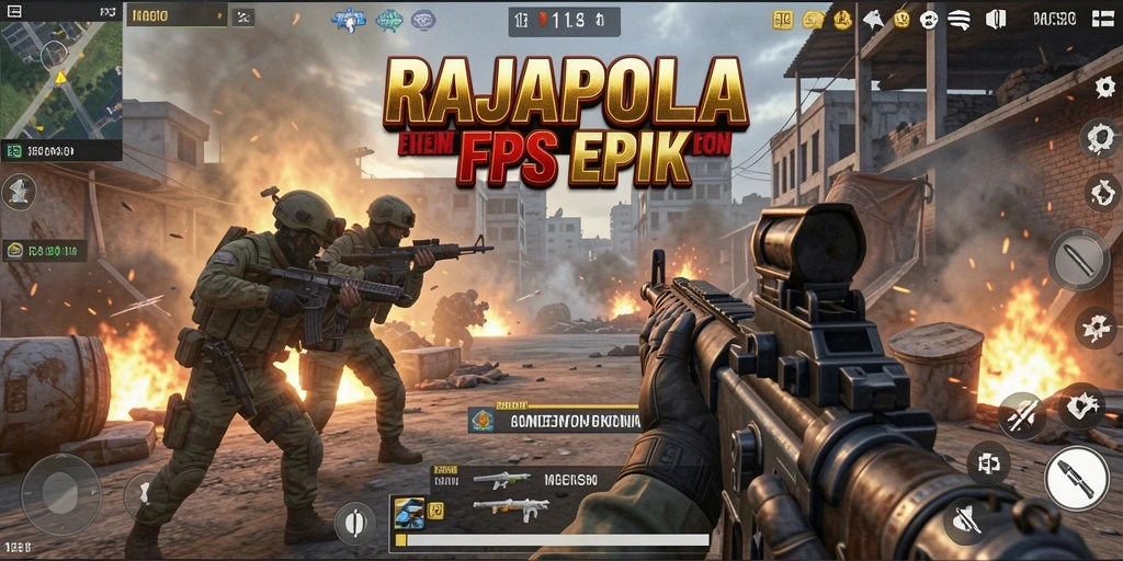 Tangkapan layar utama RAJAPOLA menampilkan aksi pertempuran FPS yang mendebarkan.