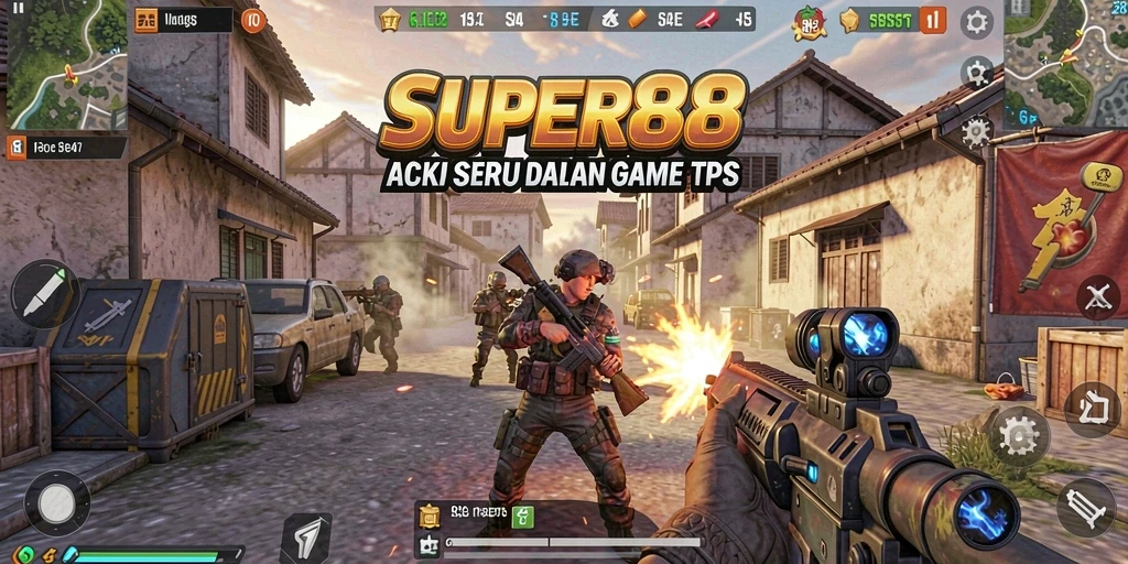 Gameplay SUPER88 menampilkan pertempuran seru di lingkungan yang menantang.