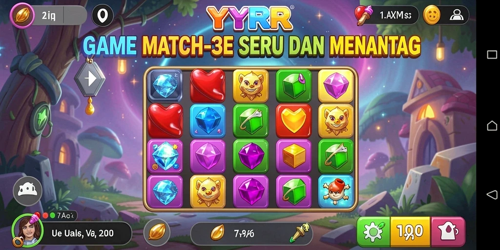 Gameplay YYRR menampilkan tantangan mencocokkan item berwarna-warni.